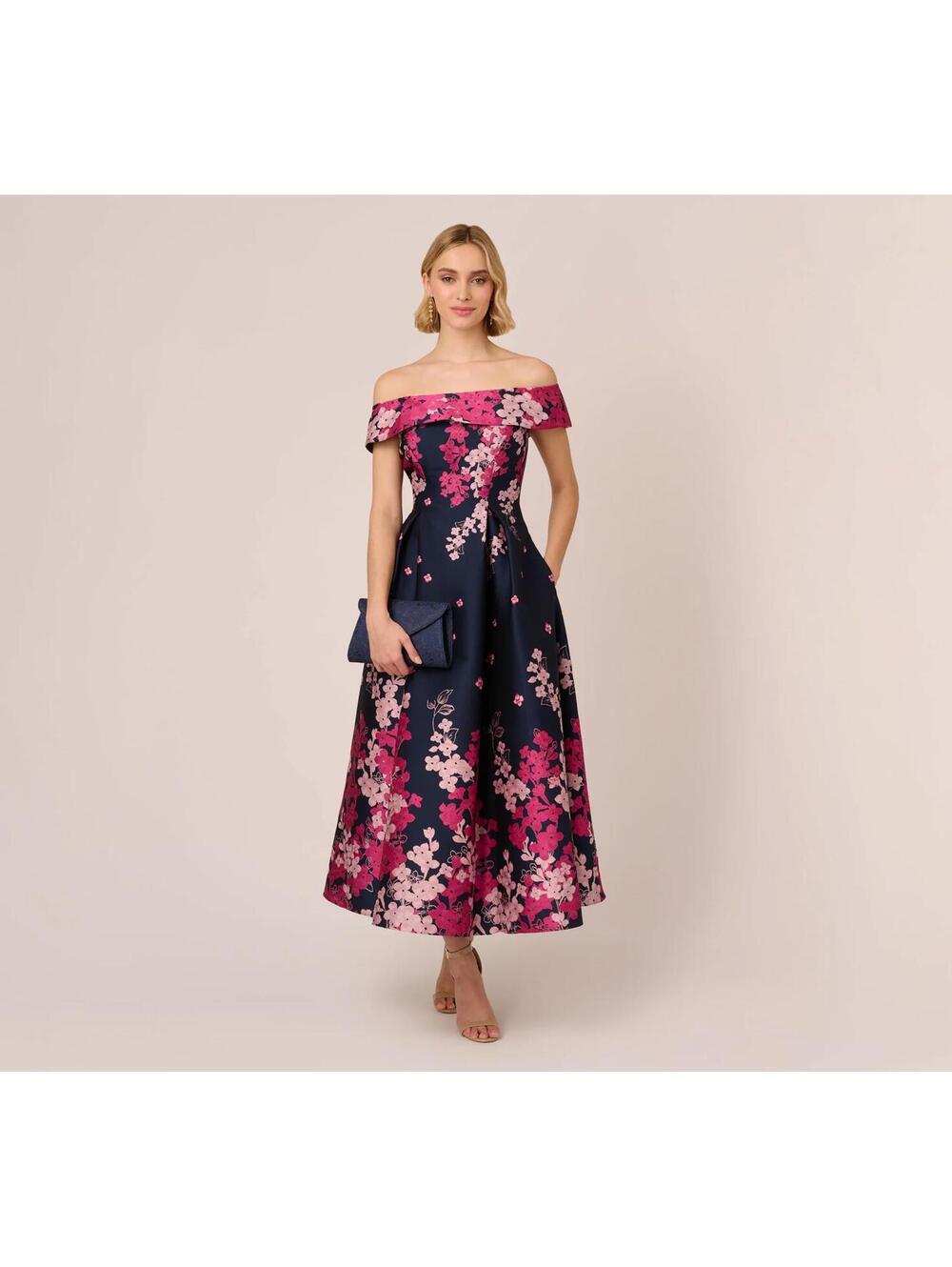 Adrianna Papell $300 NWT Off-Shoulder Dress sz 14 Mikado Navy Floral Print Pink